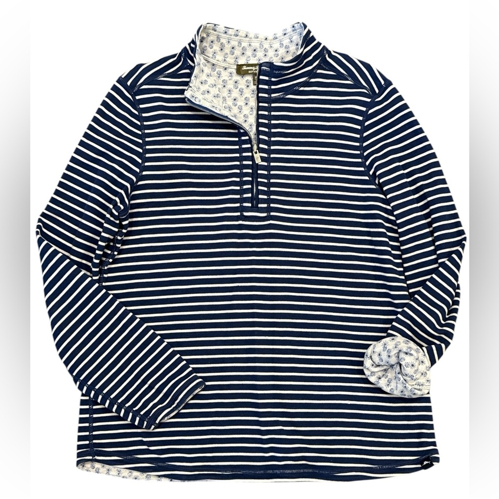 Tommy Bahama Reversible 3/4 Zip White/Navy Striped Pineapple Pullover Medium